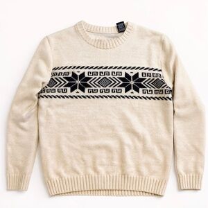 CHAPS Cream Crewneck Sweater with Black Fair Isle Band
